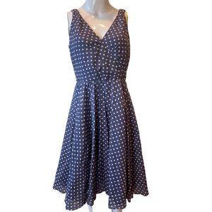 Nine West Womens Polka Dots Fit & Flare Dress Back Zip V Neck 100% Cotton Navy 4